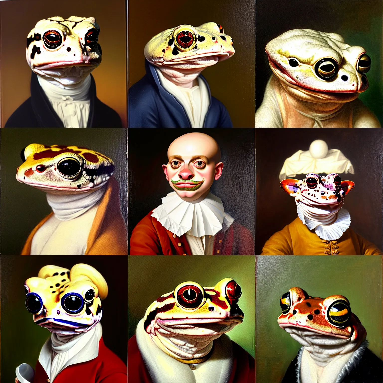 Prompt: a head and shoulders portrait painting of an anthropomorphic!!!!!!!!!! amazon milk frog!!!!!!!!!! wearing a colonial outfit without a hat looking off camera, a character portrait, neoclassicism, oil on canvas