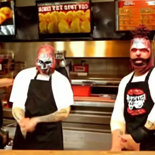 Prompt: a movie screenshot, slipknot band members working in a fast food restaurant, high quality, high detail