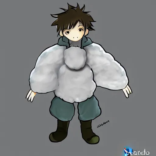 Image similar to little boy wearing sheep suit. white, gray, blue, green and brown pallet color. made in abyss art style, inspired in kris from deltarrune, cute detailed artwork