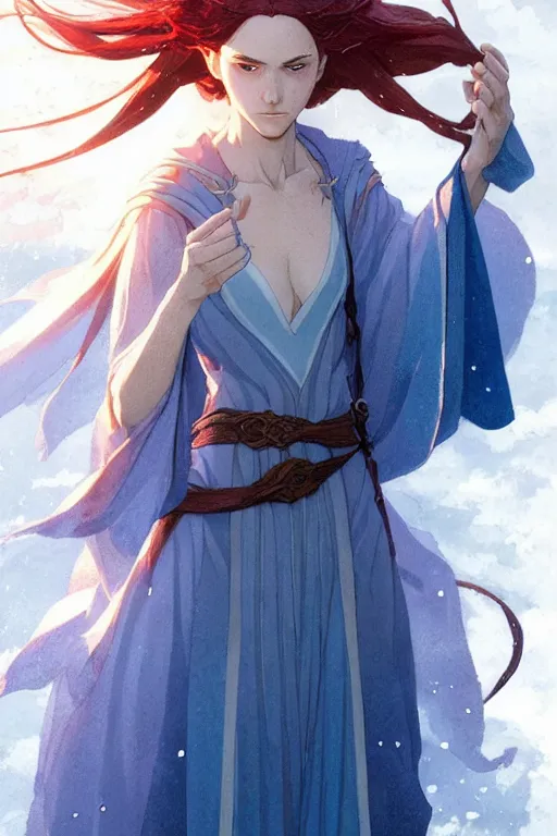 Image similar to elvish female sorcerer doing water magic spells, blue robes, red hair, finely detailed perfect face, exquisite details, mid view, design on a white background, by studio muti, greg rutkowski makoto shinkai takashi takeuchi studio ghibli