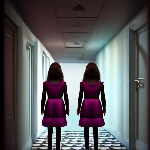 Prompt: twin girls standing at the end of a hotel hallway wearing dresses, 4 k, vintage, scary, scary movie, trending on artstation, uncanny valley