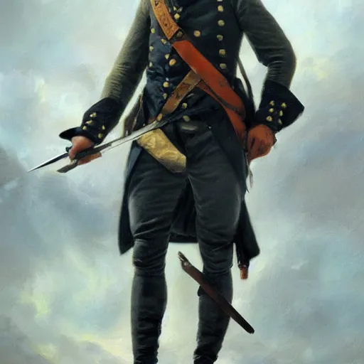 Prompt: a dramatic epic ethereal portrait of a soldier in French revolutionary wars, 18th century, full body with dynamic pose, male, detailed face, cinematic lighting, highly detailed oil on canvas painting by Greg Rutkowski, winning-award digital art trending on Artstation H 1024 W 832