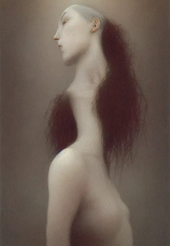 Image similar to young female with pale white skin and short black hairs, by Beksinski