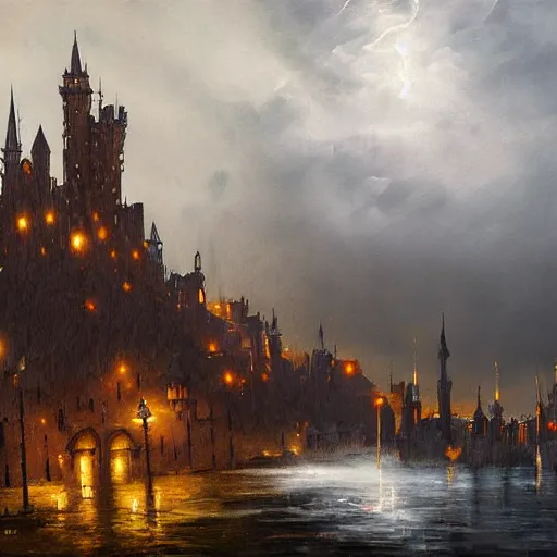 Image similar to stark oil painting medieval fantasy cityscape, foreboding, detailed, castle, stormy skies