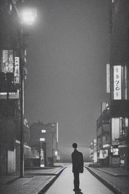 Prompt: a man standing in the middle of a tokyo street at night, in the style of the dutch masters and Gregory Crewdson