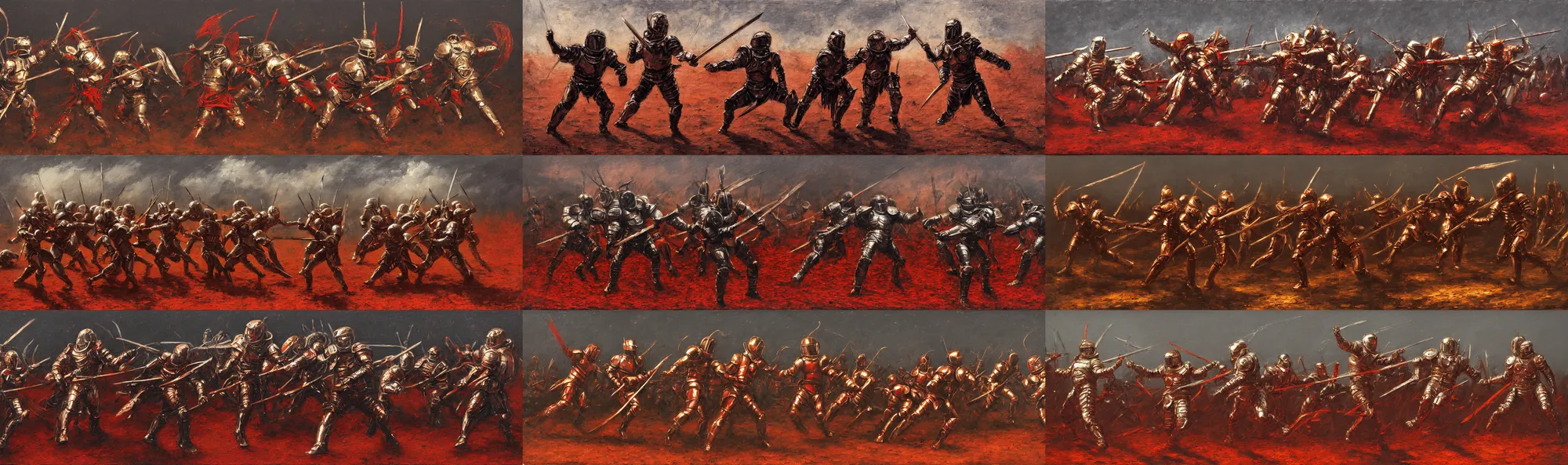 Prompt: battle! scene, astronaut - gladiators!! with lorica segmentum armor and spears, tonalist, luminist, symbolist, figurative art, concept art, chiaroscuro, grisaille, palette knife, frenetic, stippling, shadows, luminous, sublime, edge lighting, backlighting, burnt sienna and venetian red