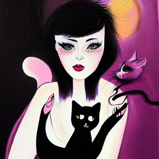 Image similar to a painting of a woman holding a cat, a character portrait by harumi hironaka, trending on deviantart digital illustration