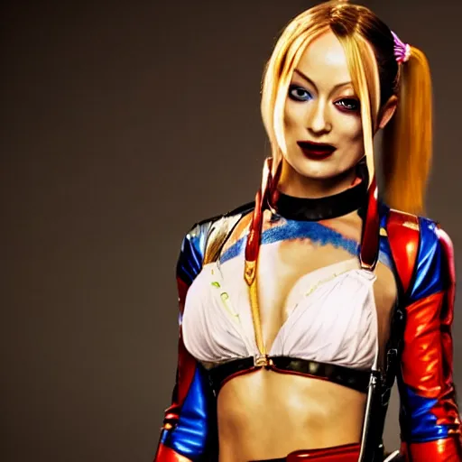 Image similar to Olivia wilde as harley quinn, 8k, highly detailed, high definition, full view, cinematic lighting