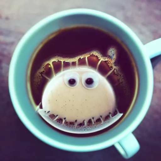 Prompt: little cute sea monster in my morning coffee, close-up photograph, award winning