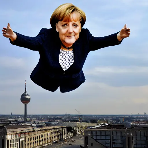 Prompt: Angela Merkel as Super woman flying over Berlin