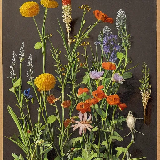 Prompt: wildflowers made out of machine parts, 1 8 0 0 s encyclopedia drawing, painted by lucien levy - dhurmer and john audubon