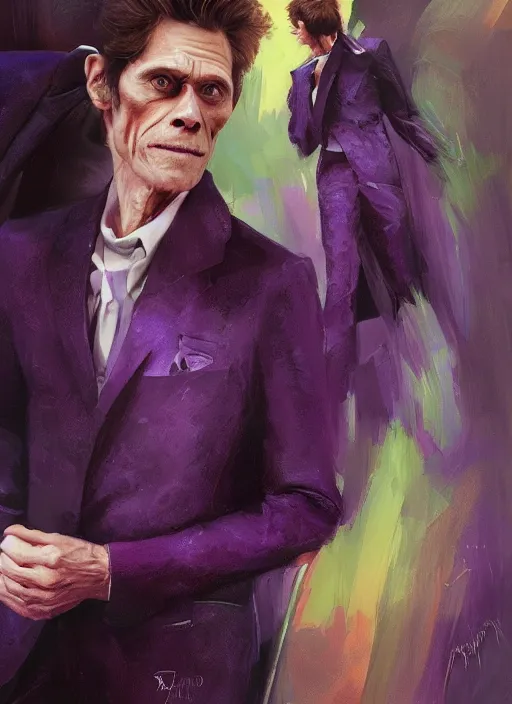 Image similar to willem dafoe wearing a dark purple suit, elegant, digital painting, concept art, smooth, sharp focus, illustration, by ruan jia and mandy jurgens and artgerm and william - adolphe bouguerea