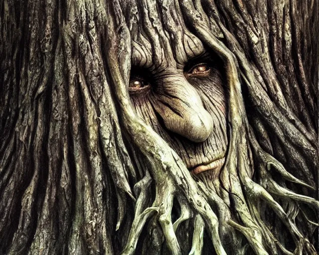 Prompt: a talking tree, a face in the bark, mouth in the bark, eyes in the bark, fantasy concept art, digital painting, oil painting, hyperrealistic, beautiful, treebeard, ent, magical, highly detailed, very detailed eyes, artstation, cgsociety, in the forest, by alan lee, by artgerm