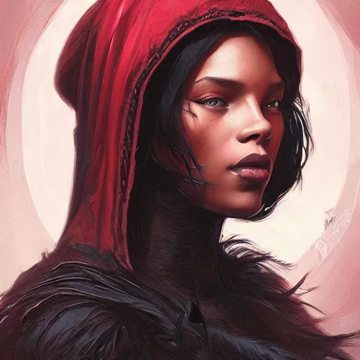 Image similar to Beautiful Portrait of Little Red Riding Hood with a black panther, intricate, wild, highly detailed, digital painting, artstation, concept art, smooth, sharp focus, illustration, art by artgerm and greg rutkowski and alphonse mucha, footage from space camera