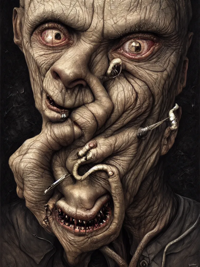 Image similar to gediminas pranckevicius | close up portrait of a the devil in the sinister valley of despair, one mouth, one nose, two eyes, oil painting by tomasz jedruszek, cinematic lighting, pen and ink, intricate line, hd, 4 k, million of likes, trending on artstation