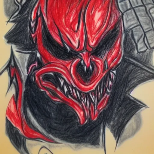 Image similar to fan art of carnage, 6 year old, crayons, paper,