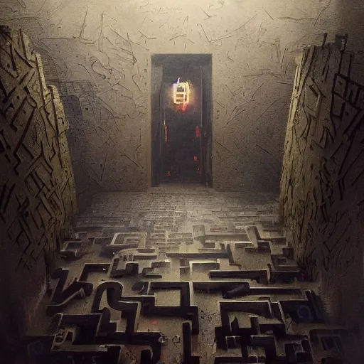 Prompt: surrealist artwork by greg rutkowski, lost in a maze of clues, walls made of matrix symbols, uppercase and lowercase, conjunctions and disjunctions, telepathic connection, hidden door