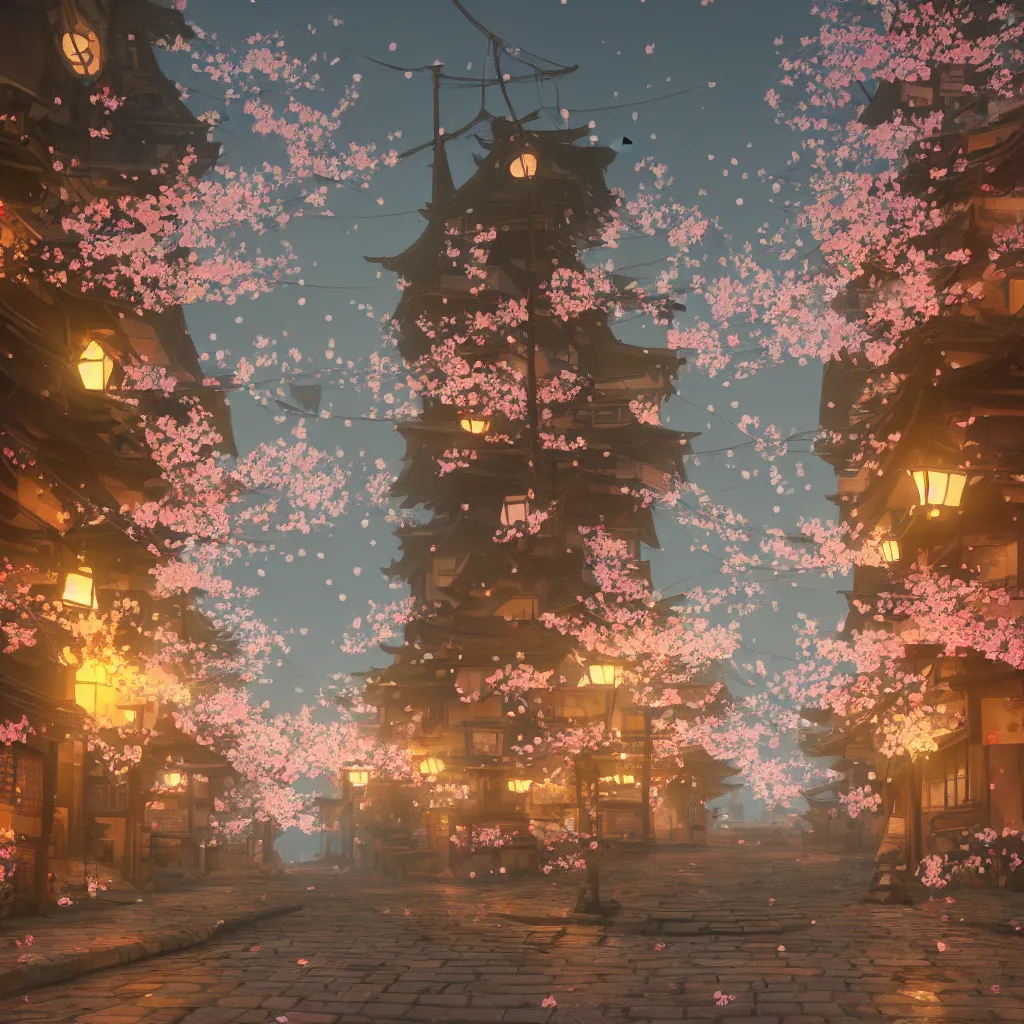 Image similar to Japanese street at night, cherry blossom petals, highly detailed, 3D render, digital art, artstation, 8K photography, matte photo-realistic, vivid colors, moody cool temperature, by Hayao Ghibli Miyazaki, breath of the wild style