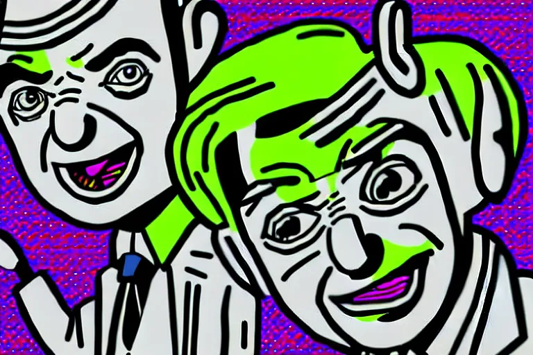 Prompt: futuristic cute mr bean grey goblins by roy lichtenstein, by andy warhol, ben - day dots, pop art, bladerunner, pixiv contest winner, cyberpunk style, vivid color scheme, high resolution, hd, intricate detail, fine detail, 8 k