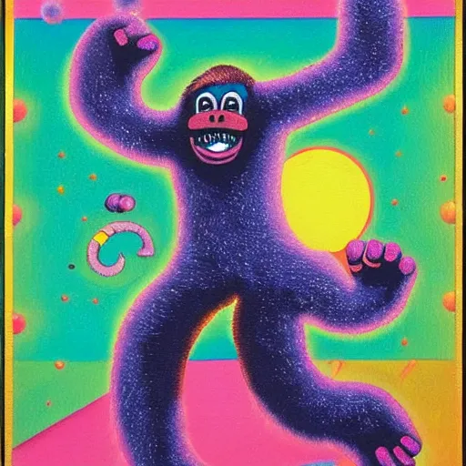 Image similar to the chunky monkey invents called the funky monkey and patents it. oil painting in the style of a funky monkey. good cosmic vibes. 1 9 2 9.