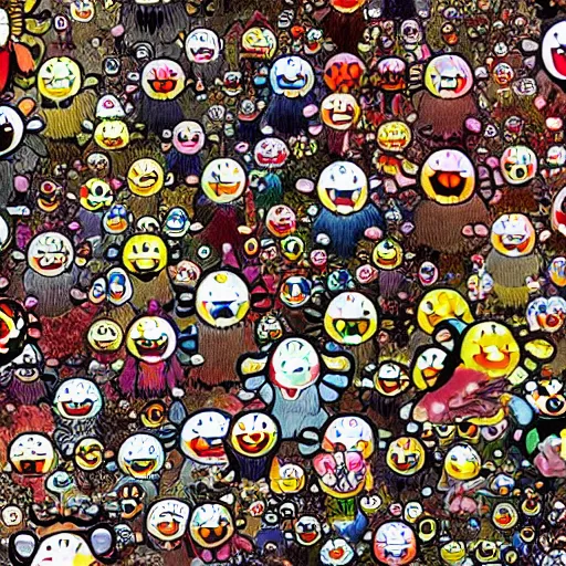 Image similar to A wide shot of a swarm of demons flying up from the depths of Hell in the style of Takashi Murakami