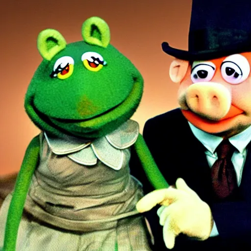 Image similar to miss piggy cheating on kermit the frog with bob dylan