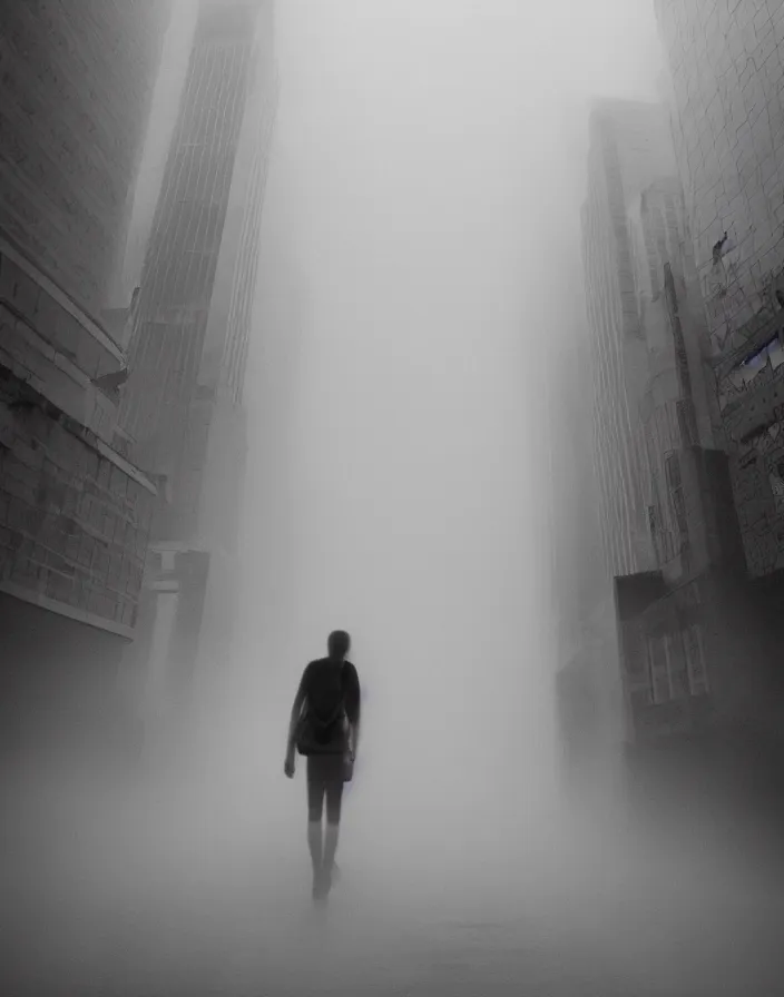 Image similar to very low - resolution found footage of a couple escaping in the city from a starfish kaiju monster, fog, foggy, korean film noir, monochrome, red hue, thriller, underdeveloped, epic, dramatic