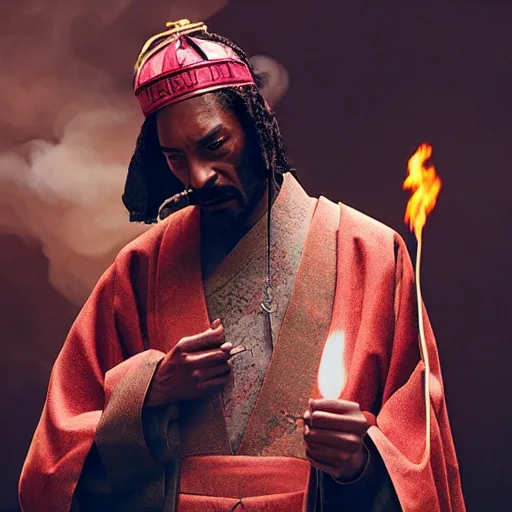 Image similar to cinematic film still of Snoop Dogg starring as a Samurai holding fire, Japanese CGI, VFX, 2022, 40mm lens, shallow depth of field, film photography