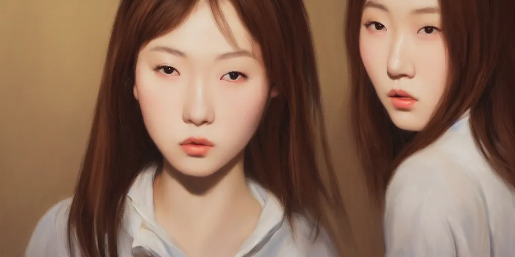 Prompt: cute Japanese girl with brown hair and high cheekbones, cinematic lighting, detailed oil painting, hyperrealistic, 8k