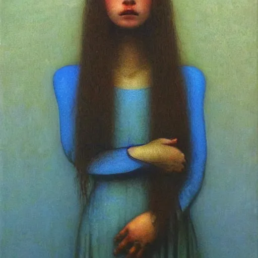 Prompt: young female in blue dress, painting by Beksinski