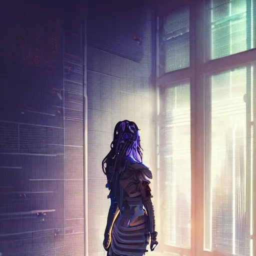 Image similar to portrait of cyberpunk woman looking out of a window, cyberpunk setting, futuristic, highly detailed, intricate lighting, digital painting, sharp focus, illustration, trending on artstation, art by marc simonetti.