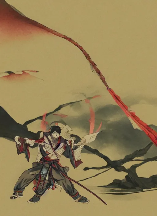 Image similar to scene from anime ninja scroll, tall samurai with long katana, back to the camera, masterpiece, highly detailed, artstation, concept art, mutud colors, soft lights, foggy, by yoshiaki kawajiri, by yousuke kabashima, by toshiyuki inoue, by atsushi takeuchi