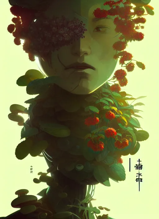 Image similar to illustrated by satoshi kon and greg rutkowski, a cyborg face in some plants with flowers and berries for a face, 6 0's retro sci - fi flat surreal design