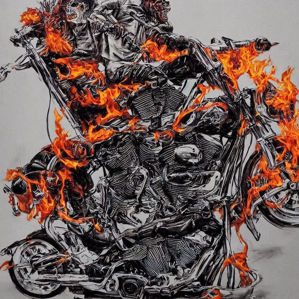 Prompt: rishi sunak skeletal riding a harley davidson, badass, evil, flames, detailed, realistic