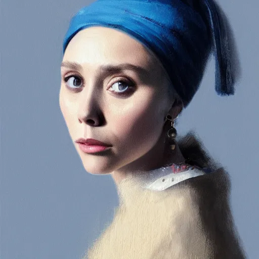 Image similar to Elizabeth Olsen with a pearl earring illustrated by Greg Rutkowski, 4k, 8k, trending on artstation