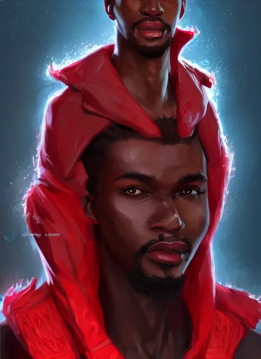 Prompt: a highly detailed illustration of attractive top cut haired african guy wearing red jacket, flaming eyes, dramatic smile pose, intricate, elegant, highly detailed, centered, digital painting, artstation, concept art, smooth, sharp focus, league of legends concept art, wlop