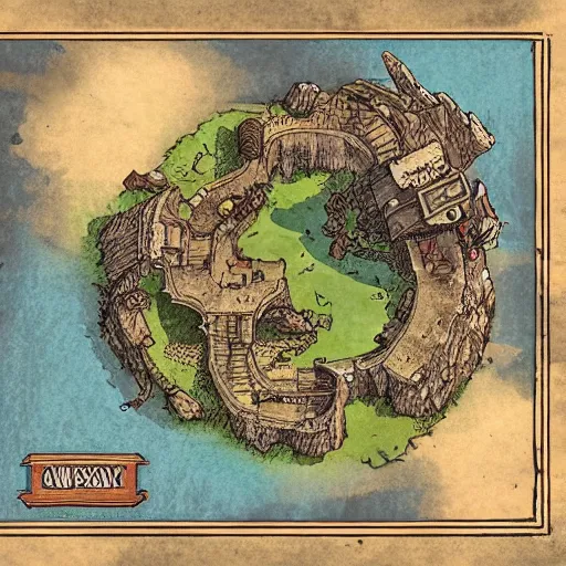 Image similar to an illustrated fantasy map of a small outpost. junk planet. d & d. clear design. minimal.