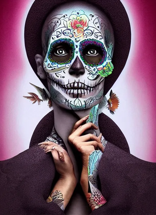 Image similar to dia de los muertos theme surrealist art in the styles of igor morski, jim warren, and aida muluneh, intricate, hyperrealistic, accurate facial details, profile picture with chromakey!!!!! background, volumetric lighting