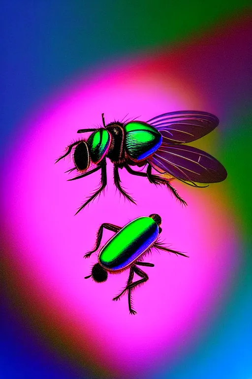 Image similar to high quality macro photo holographic neo-surreal fly! jeweled gorgeous! highly detailed digital art david ligare elson peter cinematic pink neon lighting high quality low angle hd 8k sharp shallow depth of field