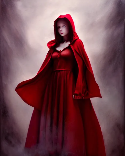 Image similar to hyperrealistic mixed media painting of beautiful little Red Riding Hood, pale smooth skin, full body, crimson red hooded robes, shadowy wolf in background, stunning 3d render inspired art by P. Craig Russell and Barry Windsor-Smith + perfect facial symmetry + dim volumetric lighting, 8k octane beautifully detailed render, post-processing, extremely hyperdetailed, intricate, epic composition, grim yet sparkling atmosphere, cinematic lighting + masterpiece, trending on artstation, very very detailed, masterpiece, stunning