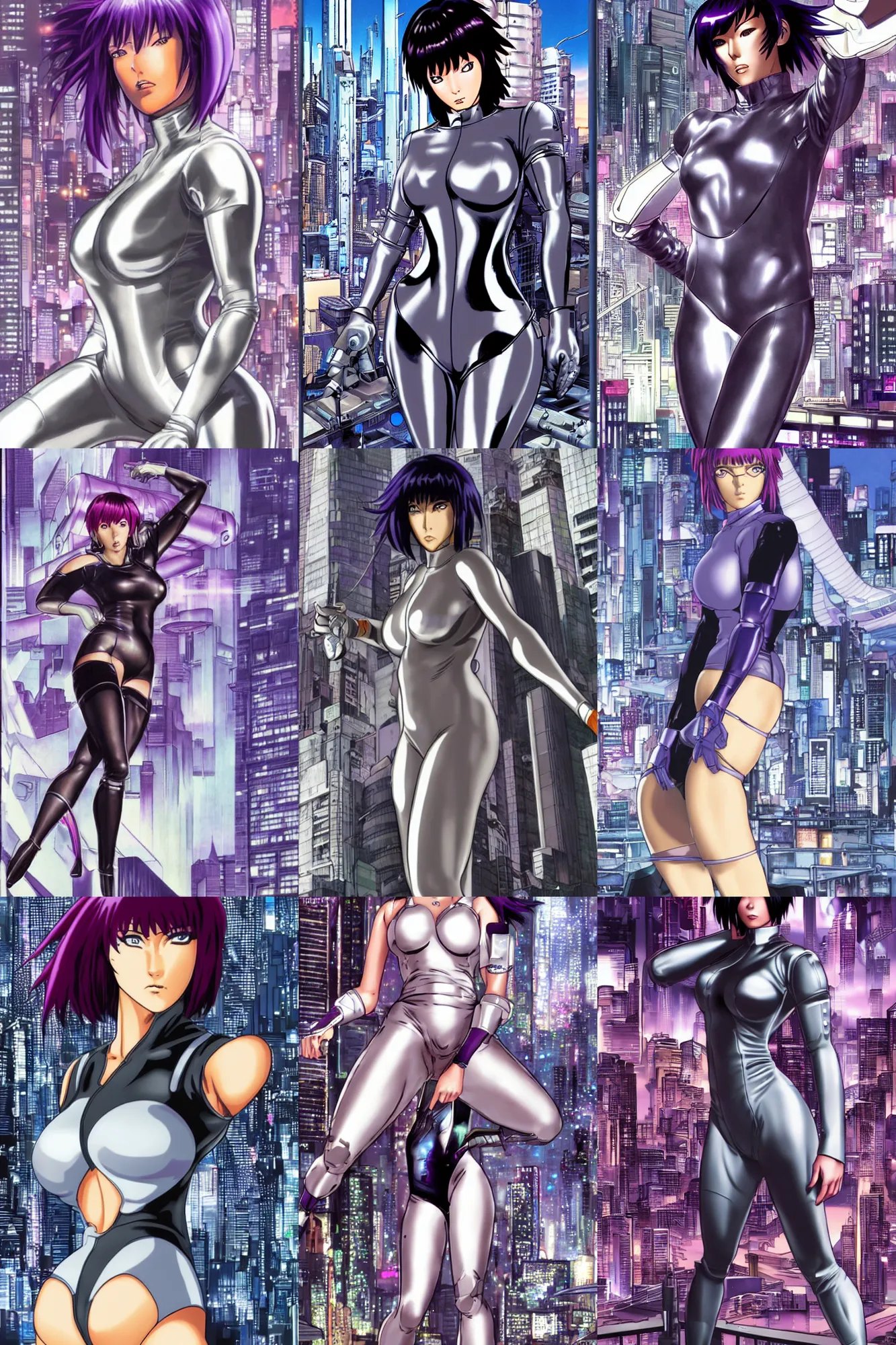 Prompt: motoko kusanagi by masamune shirow, skintight silver latex, trading card, determined expression, sci - fi cityscape background