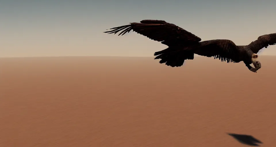 Image similar to a vulture flying over an empty desert, artstation, cgsociety