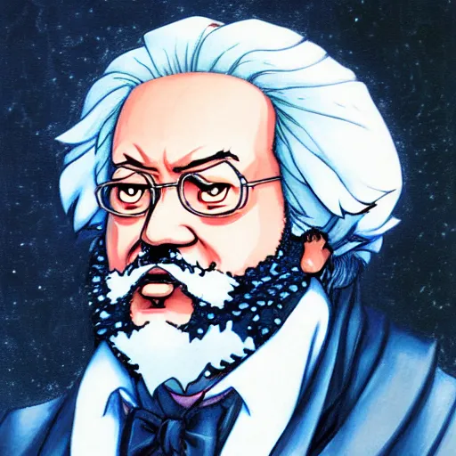 Image similar to beautiful amazing anime portrait painting of karl marx by hayao miyazaki, katsuhiro otomo, akira toriyama, satoshi kon, eiichiro oda, hideaki anno