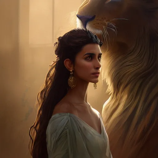 Image similar to a Photorealistic dramatic hyperrealistic render of an arab ameera al taweel, green tan skin, eyes, brown hair, white veil, with a pet lion by WLOP,Artgerm,Greg Rutkowski,Alphonse Mucha, Beautiful dynamic dramatic dark moody lighting,shadows,cinematic atmosphere,Artstation,concept design art,Octane render,8K