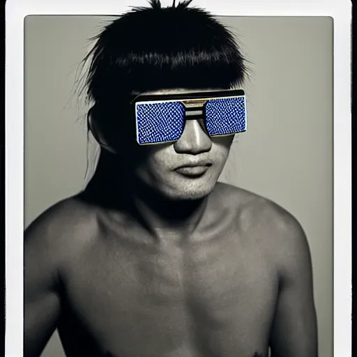 Prompt: a mongolian cyberwarrior wearing funky sunglasses, polaroid, by jamel shabbaz, robert mapplethorpe, davide sorrenti