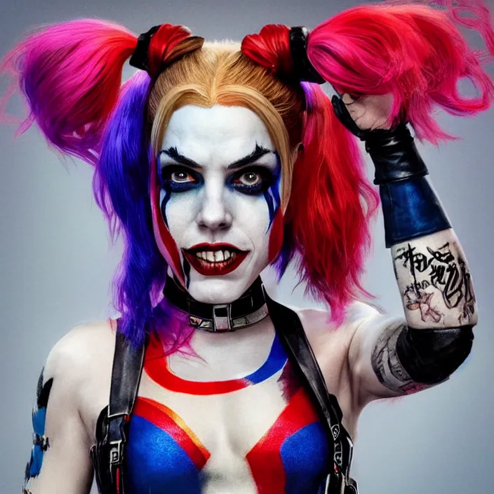 Image similar to portrait of Melanie C as a harley quinn in Suicide Squad. intricate artwork. by wlop, octane render, trending on artstation, very coherent symmetrical artwork. cinematic, hyper realism, high detail, octane render, 8k