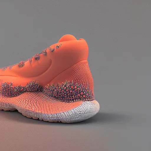 Prompt: a 3 d product render of a shoe inspired by coral reef. the render is done in keyshot, trending on behance made by an industrial designer on behance, low detail, high quality, keyshot, octane, product render