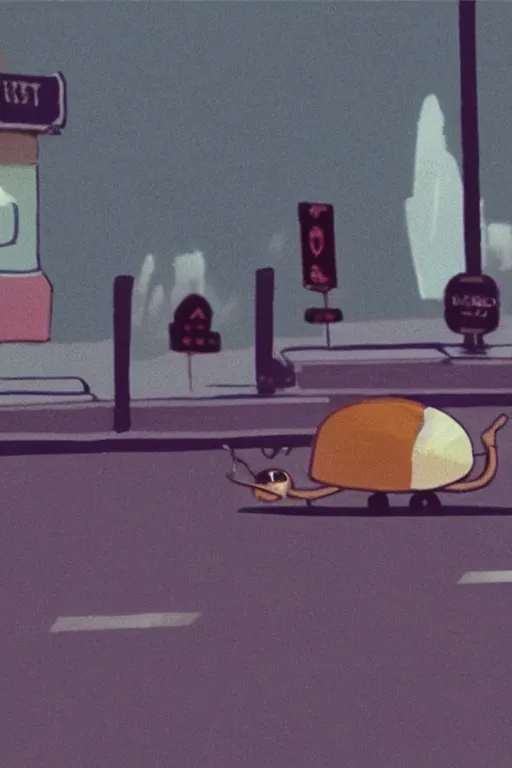 Image similar to still from vhs!! footage of snail!! cryptid walking down street