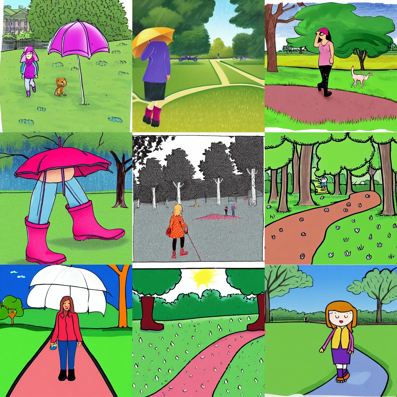 Prompt: i tried to walk a few steps on the park's lawn, and after only ten minutes or so, i was sweating. i was wearing rain boots and crunching forward. storybook illustration