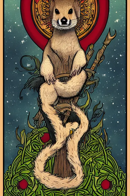 Prompt: tarot card illustration of the card the stoat, framed in an elaborate line border, tarot card, detailed illustration, weasels, furry art, artstation, 4 k